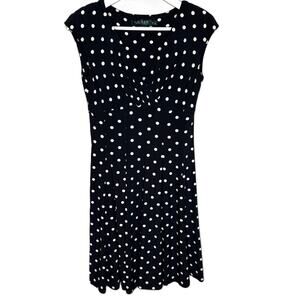 Lauren Ralph Black Polka Dot Swing Dress, Short Sleeve, Knee-Length, Size 6P
